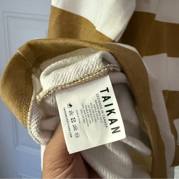 TAIKAN white mustard yellow striped cotton crew neck long sleeve pullover shirt